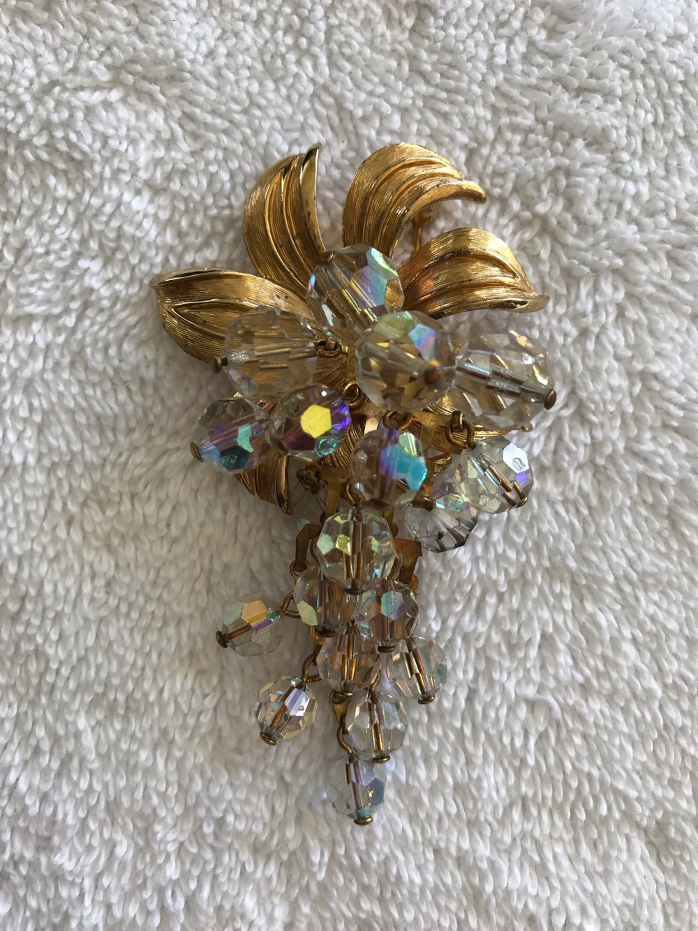Vintage Gold and Iridescent Crystal Brooch Cascading crystals